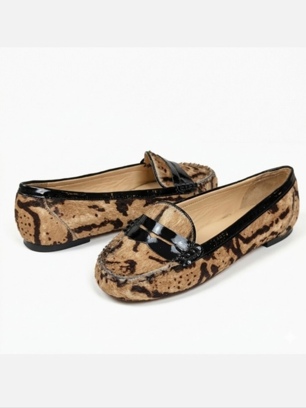 Talbots Calf Hair Leopard Print Moccasin Drivers 6W Wide Shoes Brown Black